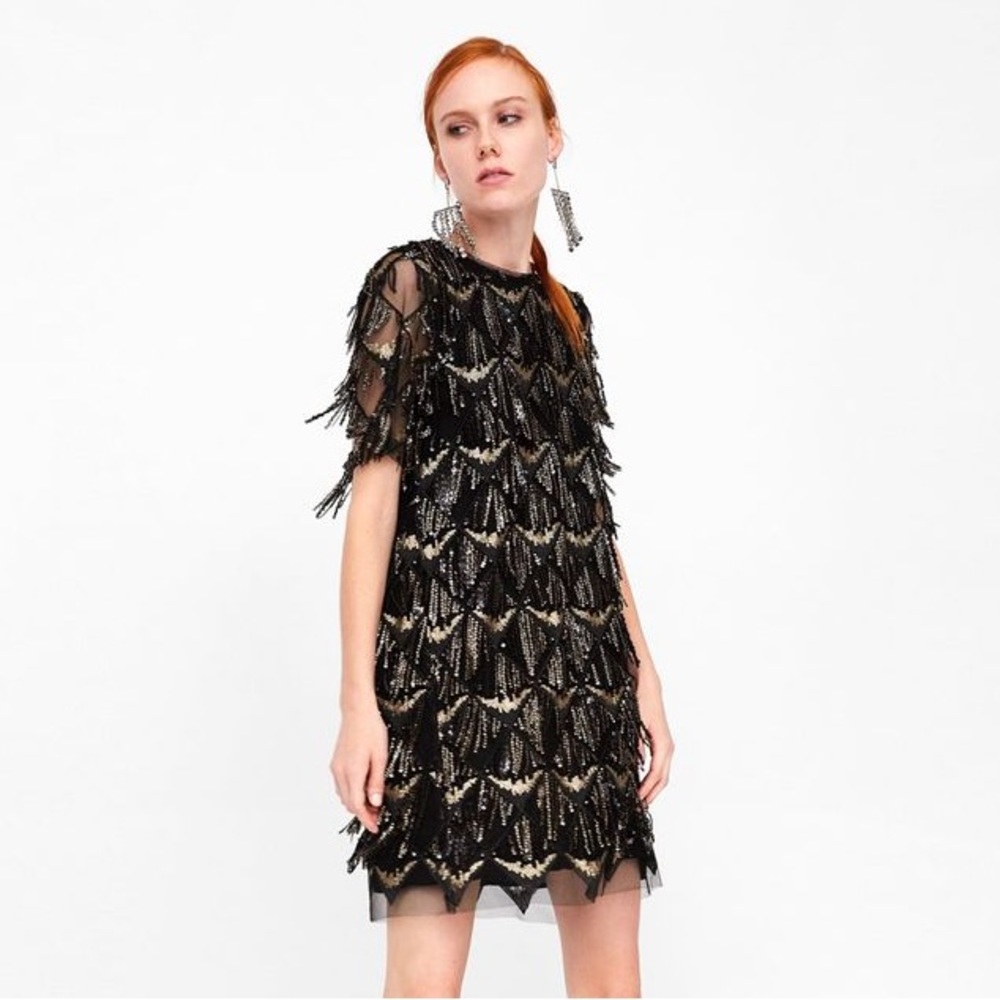Zara fringe black gold sequin dress NWT size large